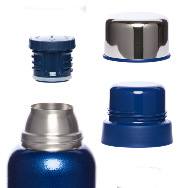 Термос с узким горлом и глухой пробкой, 2 накручивающиеся чашки в комплекте. Молотковая эмаль на корпусе дополнительно защищает термос от сколов и царапин. Объем 1,2 л. (синий) - фото2