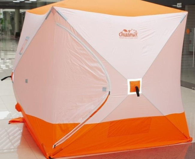 Палатка зимняя куб СЛЕДОПЫТ 1,5 х1,5 м, Oxford 240D PU 1000, S по полу 2,2  кв.м, цв. оранжевый/бел - фото2