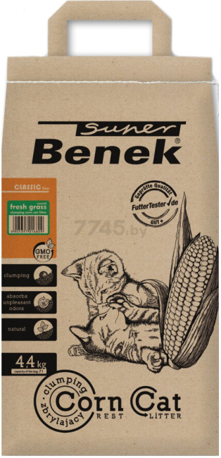 Наполнитель для туалета растительный комкующийся SUPER BENEK Corn Cat свежая трава кукурузный 7 л, 4,4 кг - фото1