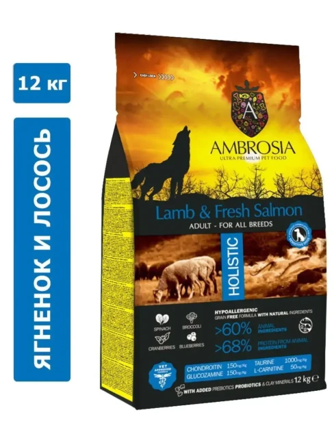 Ambrosia Adult All Breeds (Ягненок, лосось) для собак 12 кг