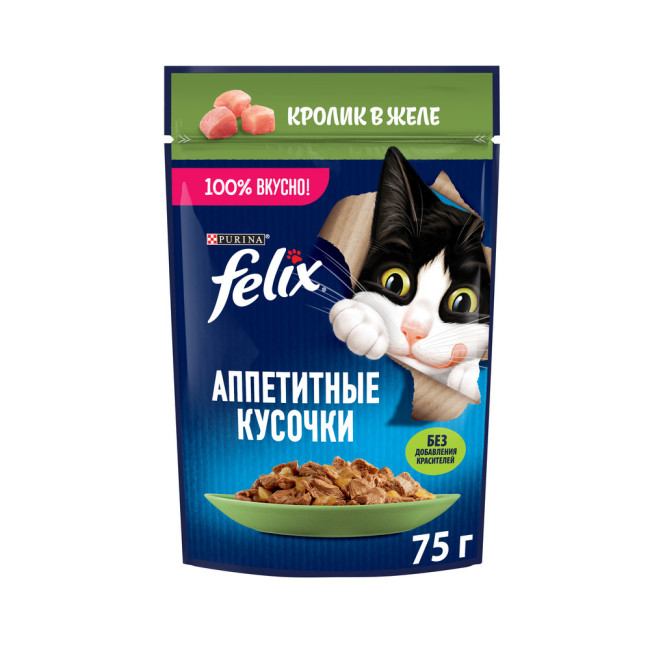 Влажный корм Felix Аппетитные кусочки для взрослых кошек, с кроликом в желе 75 г