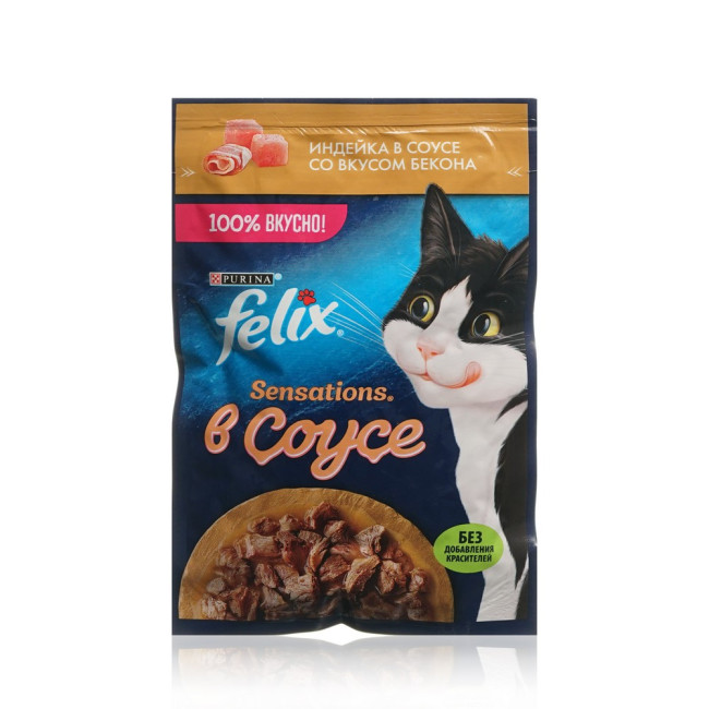 Влажный корм FELIX Sensations с индейкой в соусе со вкусом бекона 75 г