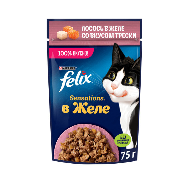 Влажный корм Felix Sensations для взрослых кошек, с лососем в желе с добавлением трески 75 г