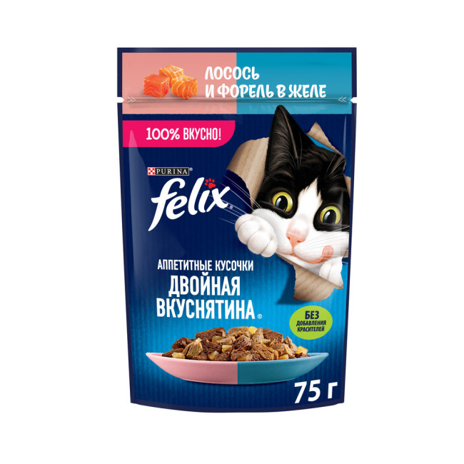 Влажный корм Felix Аппетитные кусочки, Двойная Вкуснятина для взрослых кошек, с лососем и форелью, в желе 75 г